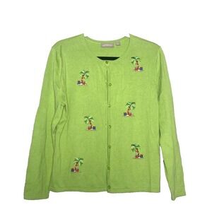 Christmas Cardigan  Women's Large Petite Green Palm Trees Beaded Coastal Holiday
